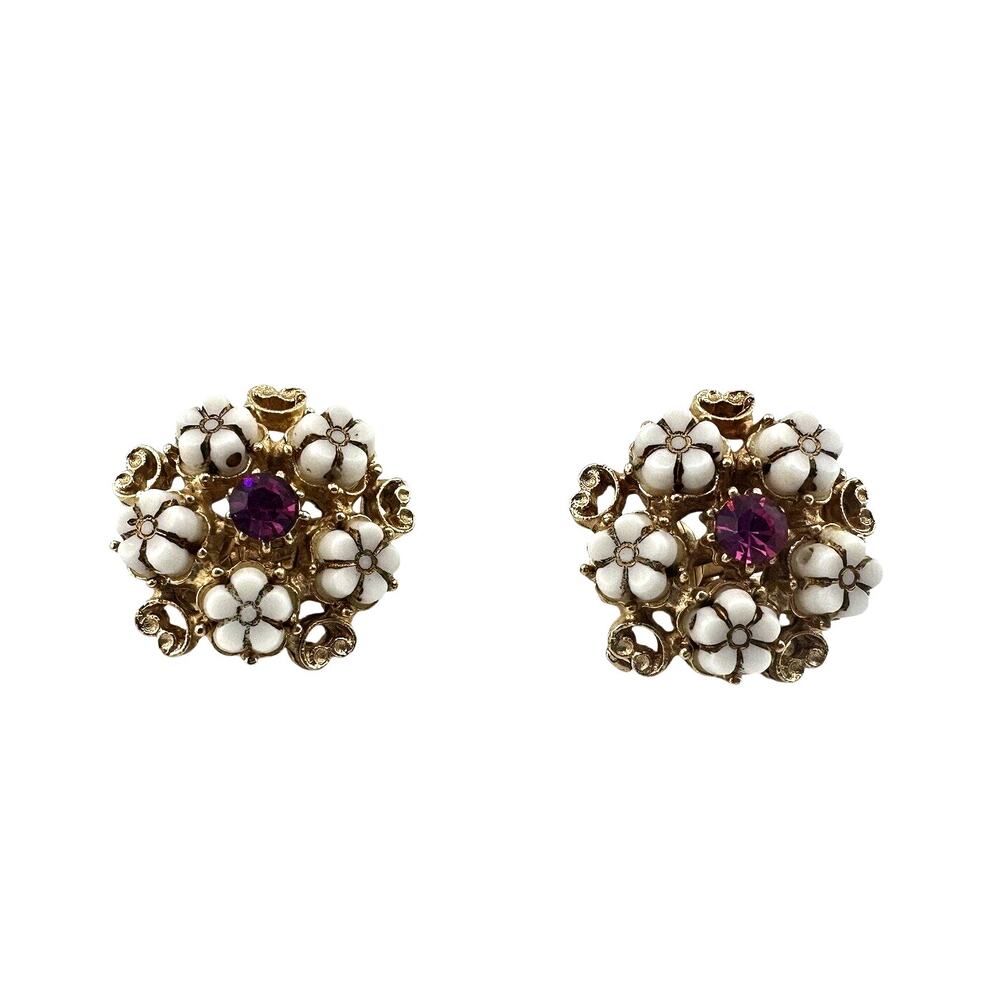Vintage Florenza Retro Rhinestone Pink White Flower Gold Tone Clip On Earrings